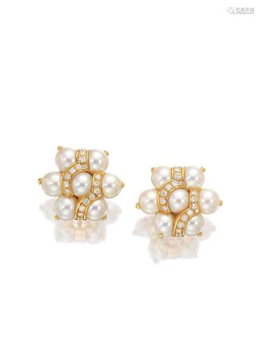 BULGARI A PAIR OF CULTURED PEARL AND DIAMOND EARCLIPS