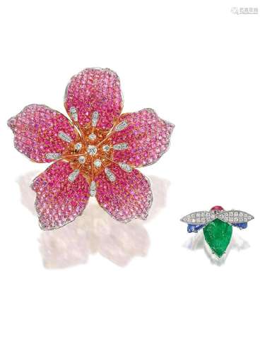 A GEM-SET AND DIAMOND 'FLOWER' RING AND A 'BEE' PIN (2)