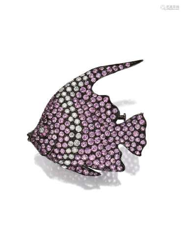 A PINK SAPPHIRE AND DIAMOND 'FISH' BROOCH