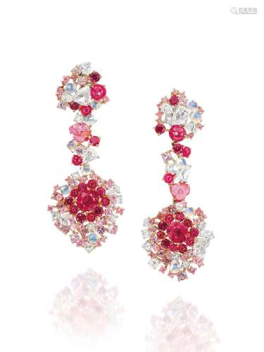 ANNA HU A PAIR OF RUBY, PINK SAPPHIRE, MOONSTONE AND DIAMOND...