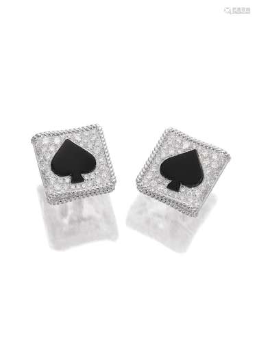 A PAIR OF ONYX AND DIAMOND 'SPADE' CUFFLINKS