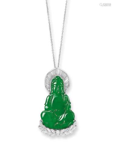 A JADEITE AND DIAMOND 'GUANYIN' PENDANT NECKLACE