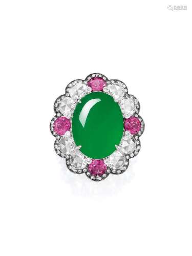 A JADEITE, PINK SPINEL AND DIAMOND RING