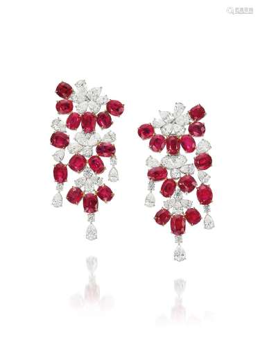 A FINE PAIR OF RUBY AND DIAMOND CLUSTER EARRINGS