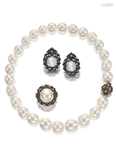 A CULTURED PEARL AND DIAMOND NECKLACE, RING AND EARCLIP SUIT...