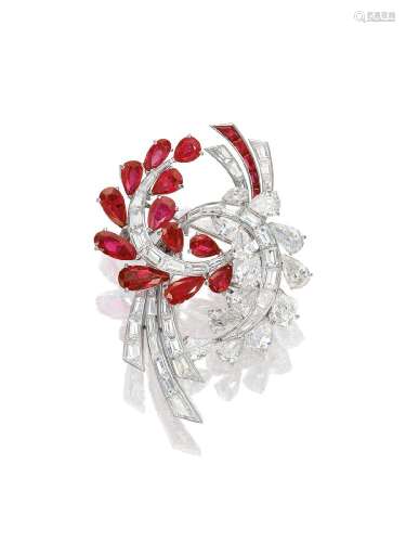 A RUBY AND DIAMOND BROOCH, FRENCH, CIRCA 1960