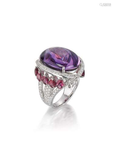 AN AMETHYST, RHODOLITE GARNET AND DIAMOND RING