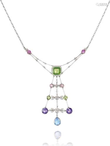 A BELLE-ÉPOQUE MULTI-GEM, DIAMOND AND ENAMEL NECKLACE, CIRCA...