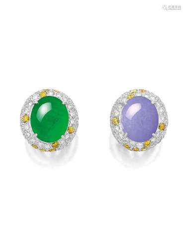 A PAIR OF JADEITE, LAVENDER JADEITE, COLOURED DIAMOND AND DI...