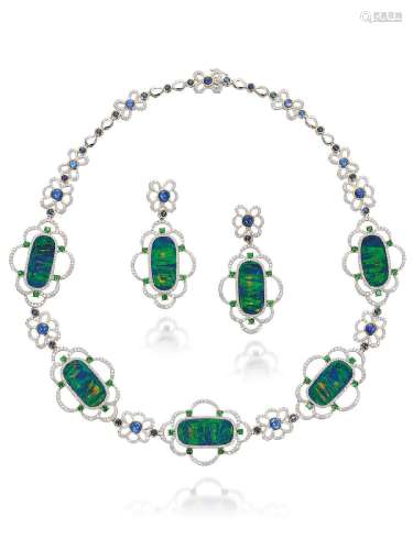 A BLACK OPAL AND GEM-SET NECKLACE AND EARRING SET (2)