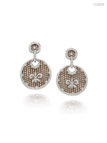 A PAIR OF COLOURED DIAMOND AND DIAMOND EARRINGS