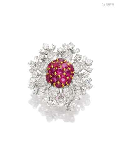 A RUBY AND DIAMOND 'SNOWFLAKE' BROOCH