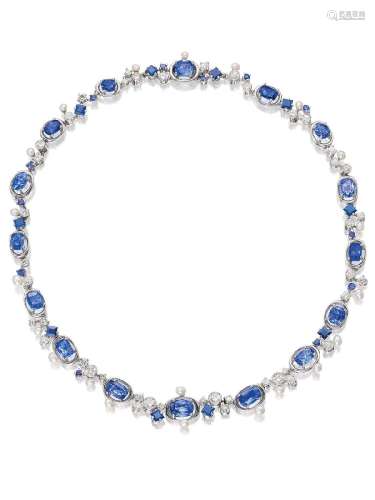 A SAPPHIRE, DIAMOND AND PEARL NECKLACE