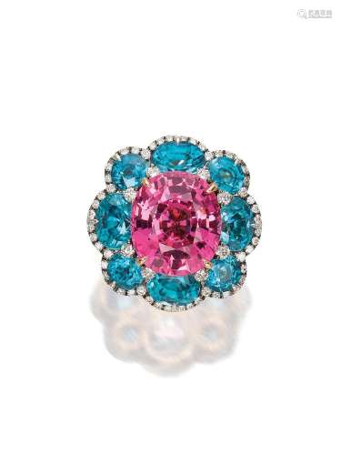 A PINK SPINEL, BLUE ZIRCON AND DIAMOND RING