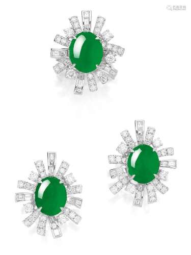 A JADEITE AND DIAMOND RING AND EARRING SET (2)