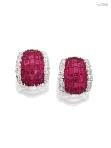A PAIR OF RUBY AND DIAMOND EARCLIPS
