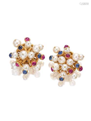BULGARI A PAIR OF CULTURED PEARL, RUBY AND SAPPHIRE EARCLIPS