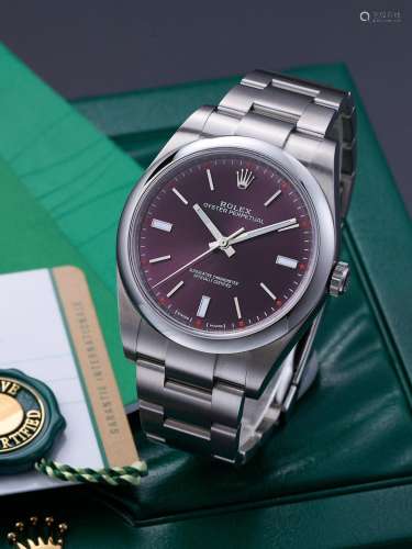 ROLEX  OYSTER PERPETUAL 39, REF.114300 RED GRAPE, A STAINLES...