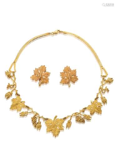 AN 18K GOLD NECKLACE AND EARCLIP SUITE (2)
