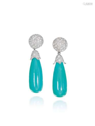 A PAIR OF TURQUOISE AND DIAMOND EARRINGS
