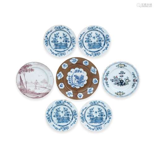 A collection of seven English delftware plates, 18th century