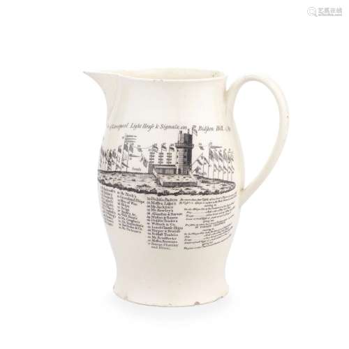 A rare Liverpool-printed creamware Bidston Hill jug, circa 1...
