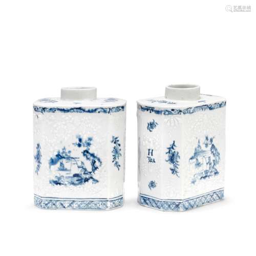 An important pair of Lowestoft tea canisters, circa 1763-65