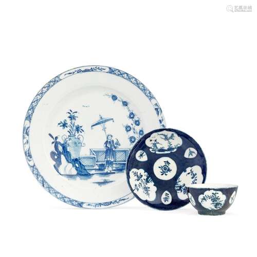 A Lowestoft plate and a teabowl and saucer, circa 1765-70