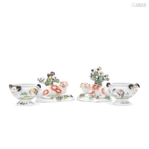 A pair of Derby salts and a pair of Derby models of cows, ci...