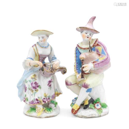 A pair of Bow figures of Harlequin and Columbine, circa 1760