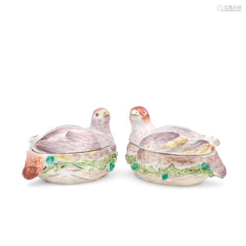 A rare pair of Bow partridge tureens and covers, circa 1758-...