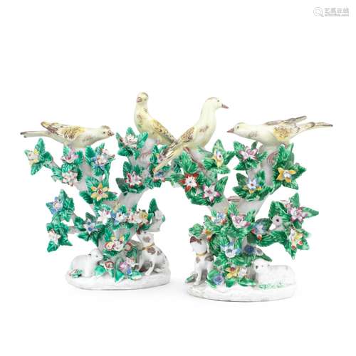 A pair of Bow models of birds in branches, circa 1765