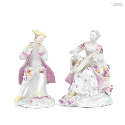 A pair of Derby 'Pale Family' figures of musicians, circa 17...