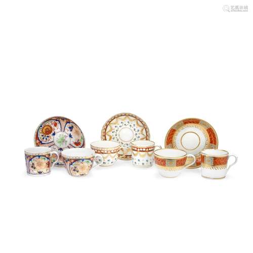 Three Pinxton teacups, coffee cups and saucer, circa 1800