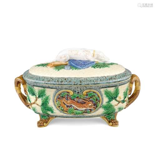 A Minton Majolica game pie dish, cover and liner, dated 1874