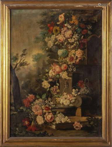 "Fiori in un paesaggio" olio, sec.XIXcm.