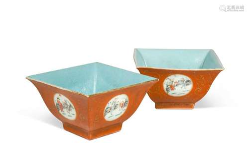 A pair of Chinese coral ground bowls, Qing Dynasty, early 19...