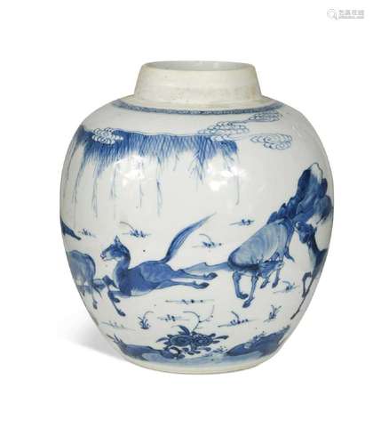 A Chinese eight lucky horses blue and white porcelain jar, K...