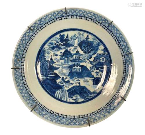 A Chinese blue and white porcelain shallow dish, Qing Dynast...