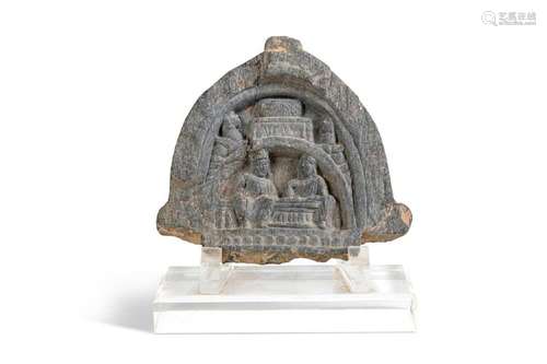 A Gandharan grey schist arched panel of Buddhist devotees, 3...