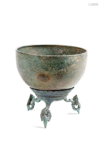 A Khmer Bronze tripod bowl on stand, Bayon Period circa 13th...