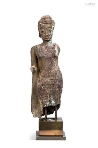 A Thai bronze core on clay standing Buddha, Ayutthaya style,