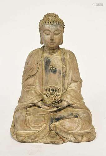 A Chinese wooden figure of a seated meditating Buddha,