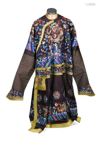 A Chinese embroidered silk formal court dragon robe (chaofu)...