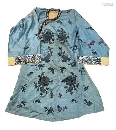 A Chinese pale blue silk and embroidered womans summer jacke...