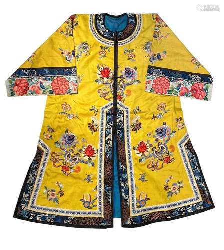 A Chinese yellow satin silk womans jacket, Qing Dynasty, lat...