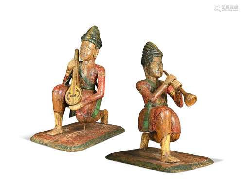 Two North India/ Nepal carved and painted wood large musicia...