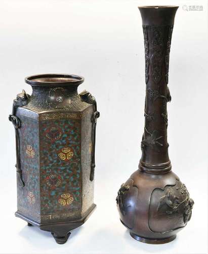 A Japanese bronze and champleve enamel hexagonal vase, late ...