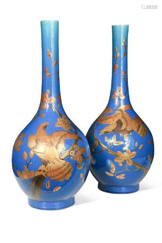 A pair of Japanese turquoise glazed and lacquered vases, Mei...