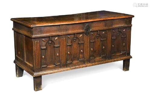 A four panelled oak coffer, late 18th century,